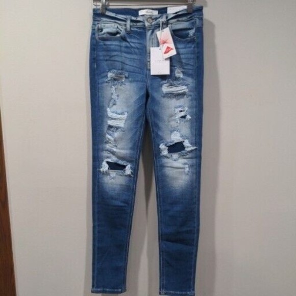 NWT Kancan Women's High Rise Super Skinny Size 7/27 Destroyed Stone Wash - Picture 2 of 14